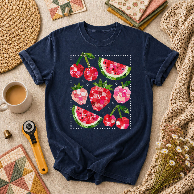 Patchwork Fruits Cherries Watermelon Strawberries T-Shirt - Navy