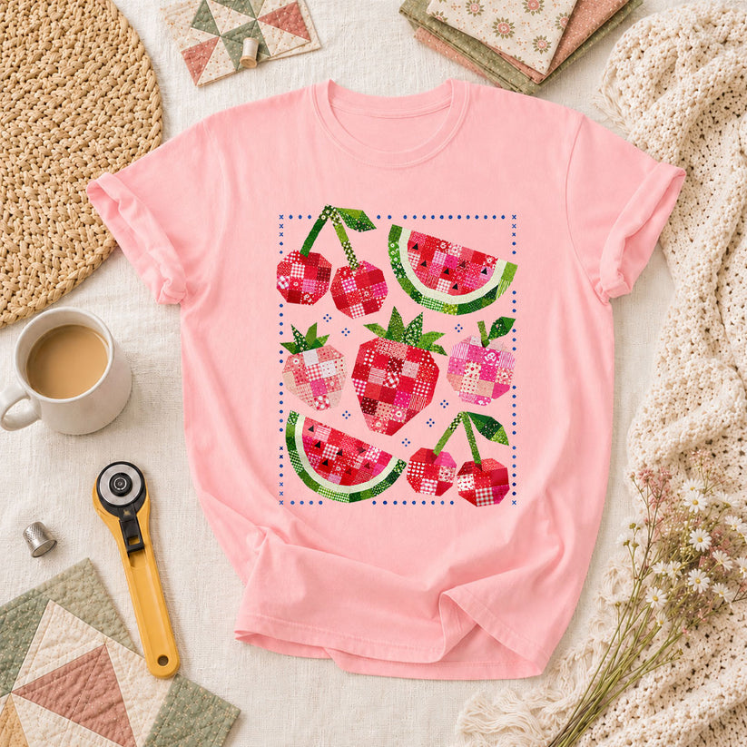 Patchwork Fruits Cherries Watermelon Strawberries T-Shirt - Pink