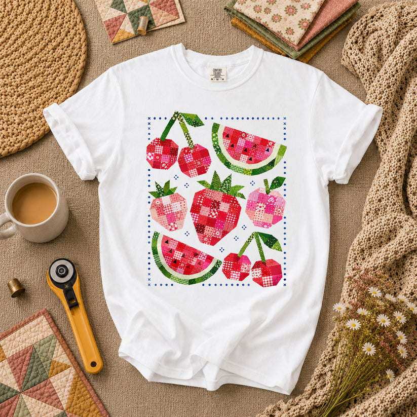 Patchwork Fruits Cherries Watermelon Strawberries T-Shirt - White