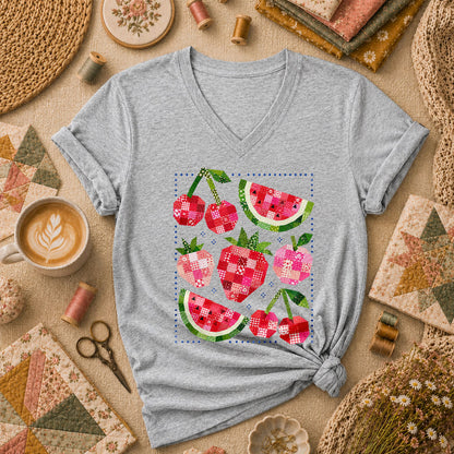 Patchwork Fruits Cherries Watermelon Strawberries Women's V-Neck - Athletic Heather
