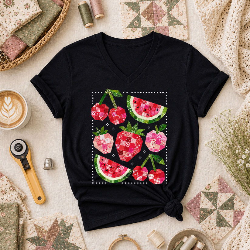 Patchwork Fruits Cherries Watermelon Strawberries Women's V-Neck - Black