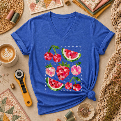 Patchwork Fruits Cherries Watermelon Strawberries Women's V-Neck - Heather True Royal