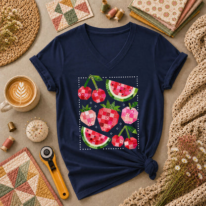 Patchwork Fruits Cherries Watermelon Strawberries Women's V-Neck - Navy