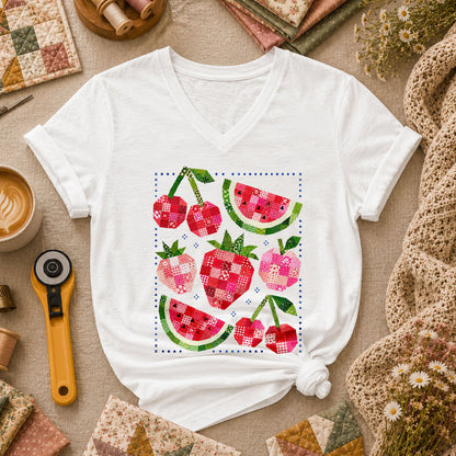 Patchwork Fruits Cherries Watermelon Strawberries Women's V-Neck - White