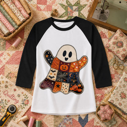 Patchwork Ghost With Halloween Squares Raglan Sleeve - Black