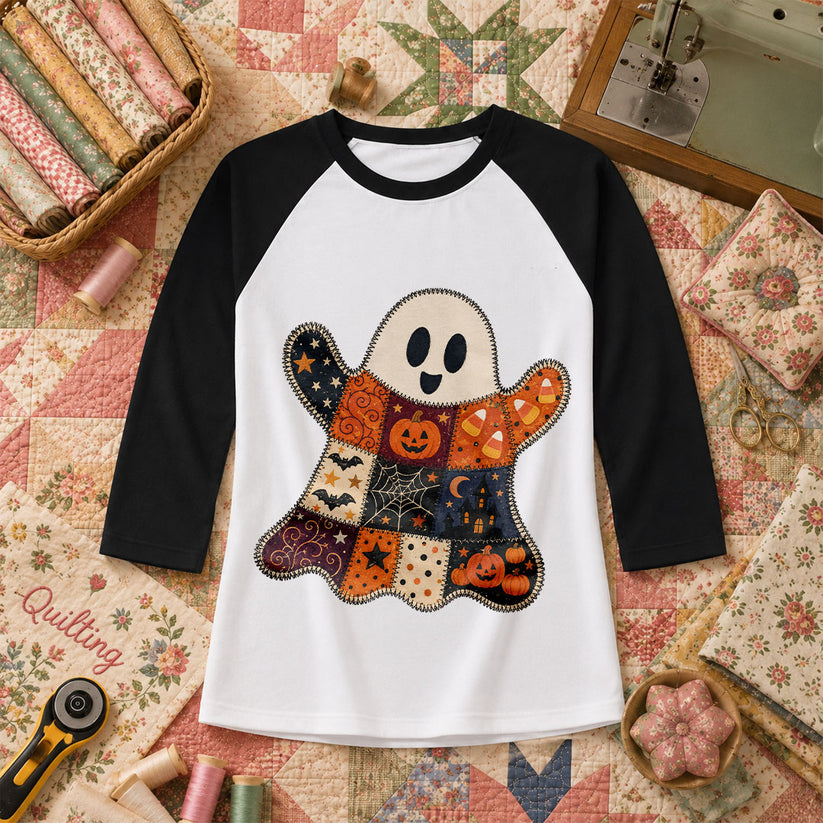 Patchwork Ghost With Halloween Squares Raglan Sleeve - Black