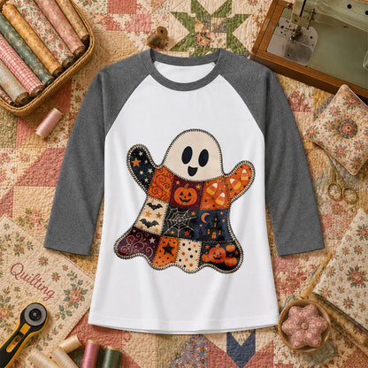 Patchwork Ghost With Halloween Squares Raglan Sleeve - Deep Heather