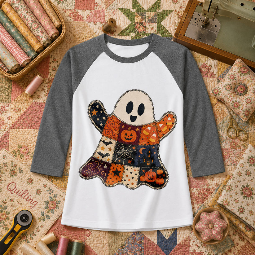 Patchwork Ghost With Halloween Squares Raglan Sleeve - Deep Heather