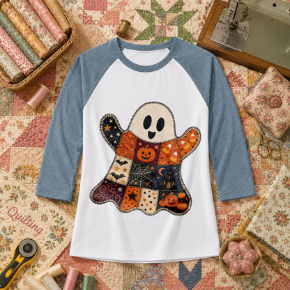 Patchwork Ghost With Halloween Squares Raglan Sleeve - Denim