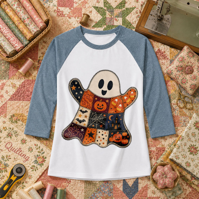 Patchwork Ghost With Halloween Squares Raglan Sleeve - Denim