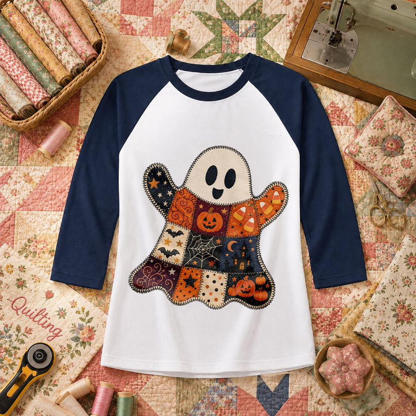 Patchwork Ghost With Halloween Squares Raglan Sleeve - Navy