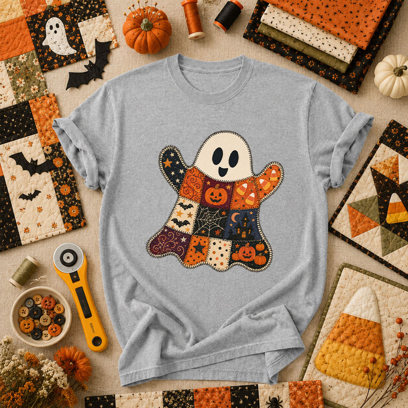 Patchwork Ghost With Halloween Squares T-Shirt - Athletic Heather