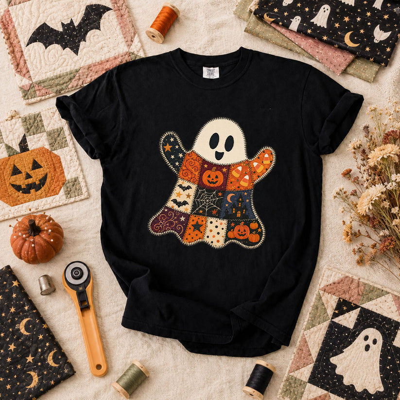 Patchwork Ghost With Halloween Squares T-Shirt - Black