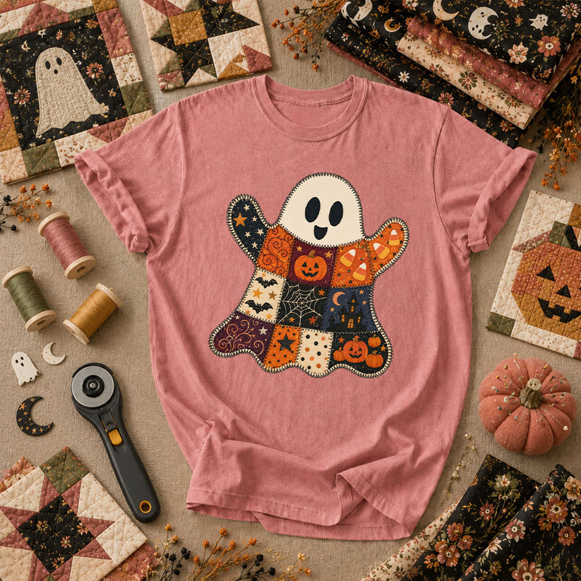 Patchwork Ghost With Halloween Squares T-Shirt - Heather Mauve