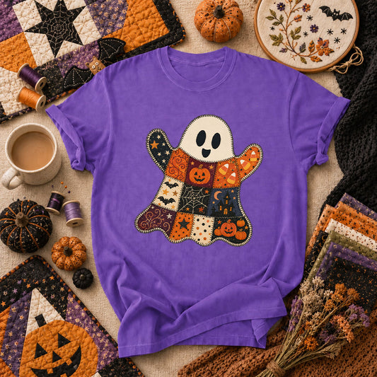 Patchwork Ghost With Halloween Squares T-Shirt - Heather Team Purple