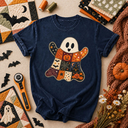 Patchwork Ghost With Halloween Squares T-Shirt - Navy