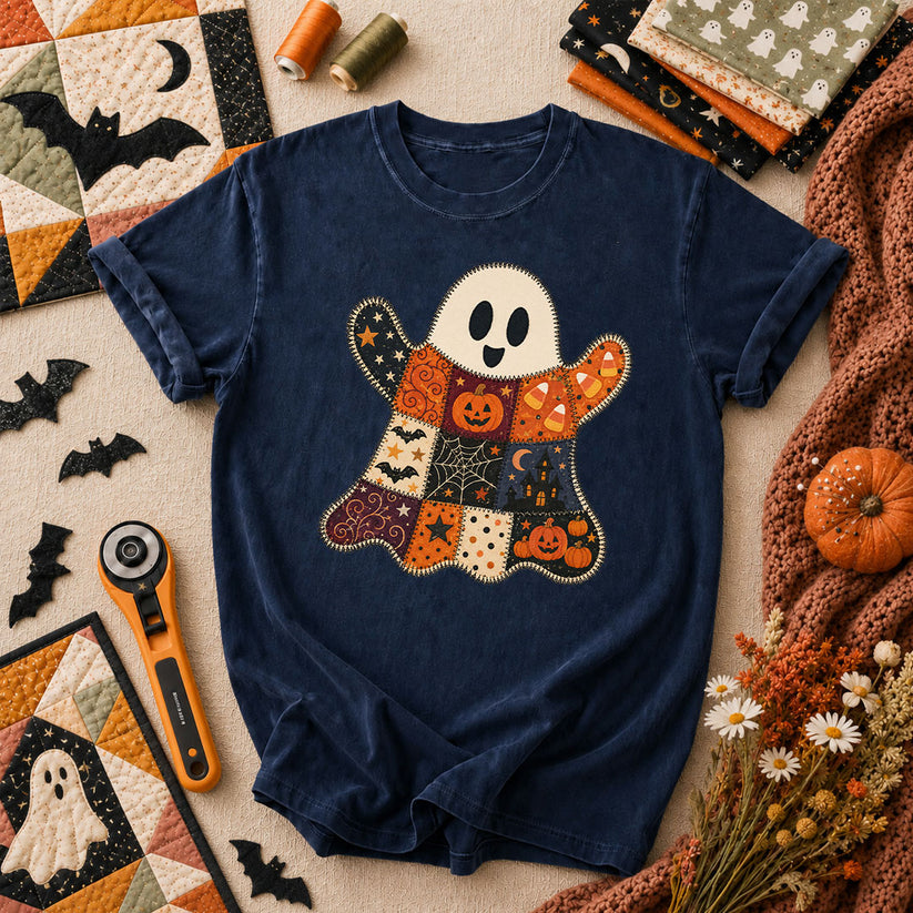 Patchwork Ghost With Halloween Squares T-Shirt - Navy