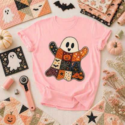 Patchwork Ghost With Halloween Squares T-Shirt - Pink