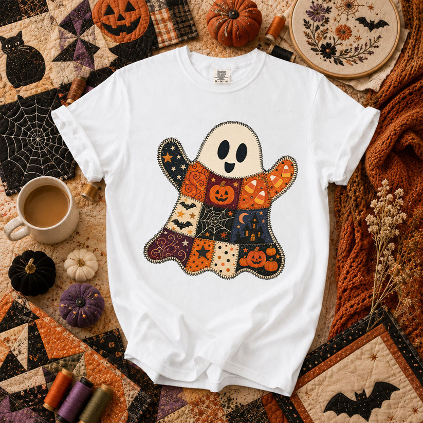 Patchwork Ghost With Halloween Squares T-Shirt - White