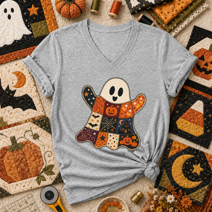 Patchwork Ghost With Halloween Squares Women's V-Neck - Athletic Heather