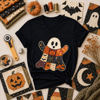 Patchwork Ghost With Halloween Squares Women's V-Neck - Black