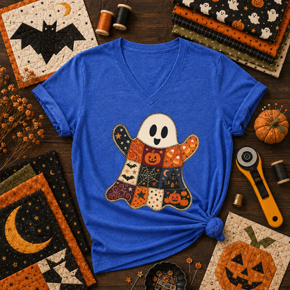 Patchwork Ghost With Halloween Squares Women's V-Neck - Heather True Royal