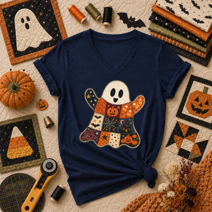 Patchwork Ghost With Halloween Squares Women's V-Neck - Navy