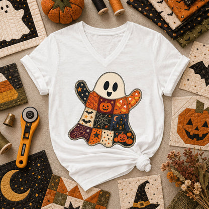 Patchwork Ghost With Halloween Squares Women's V-Neck - White