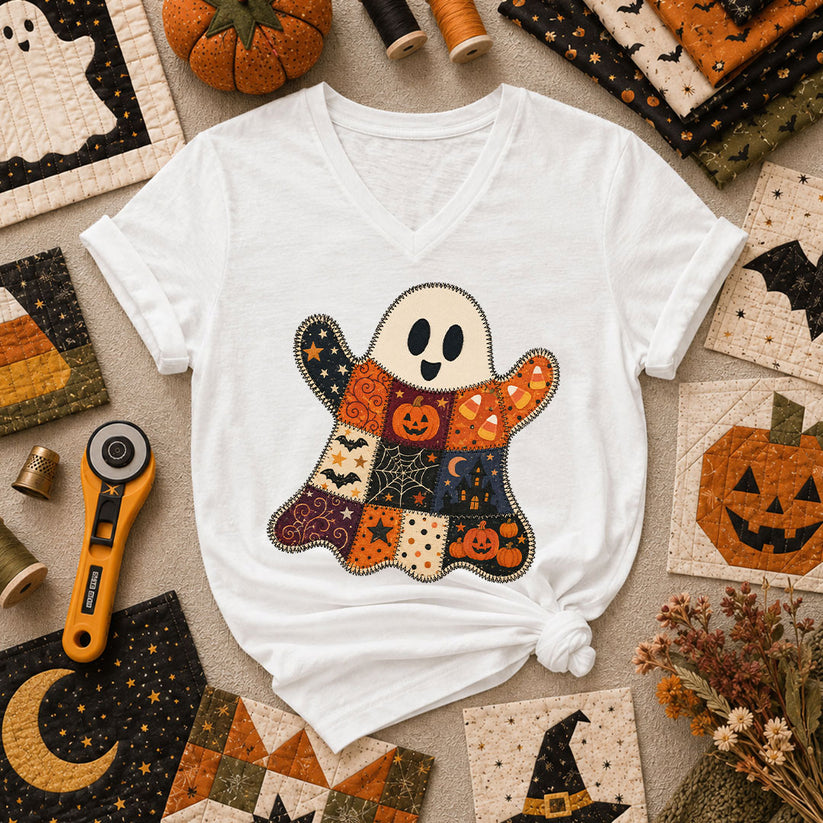 Patchwork Ghost With Halloween Squares Women's V-Neck - White