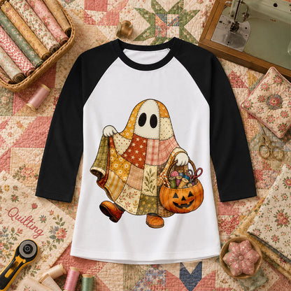 Patchwork Ghost With Pumpkin Sewing Basket Raglan Sleeve - Black