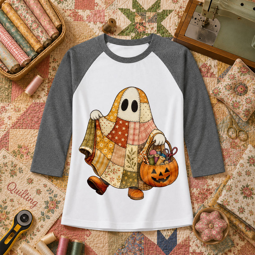 Patchwork Ghost With Pumpkin Sewing Basket Raglan Sleeve - Deep Heather