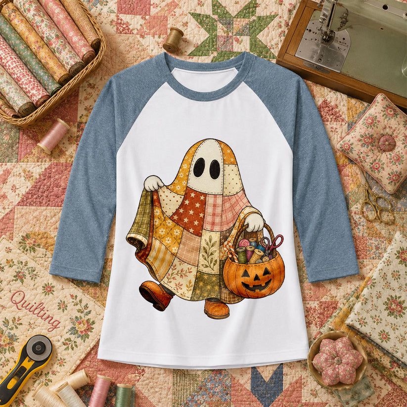 Patchwork Ghost With Pumpkin Sewing Basket Raglan Sleeve - Denim