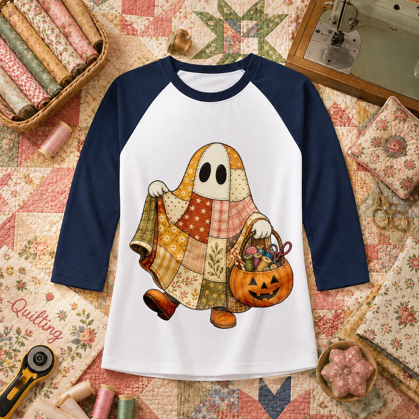 Patchwork Ghost With Pumpkin Sewing Basket Raglan Sleeve - Navy