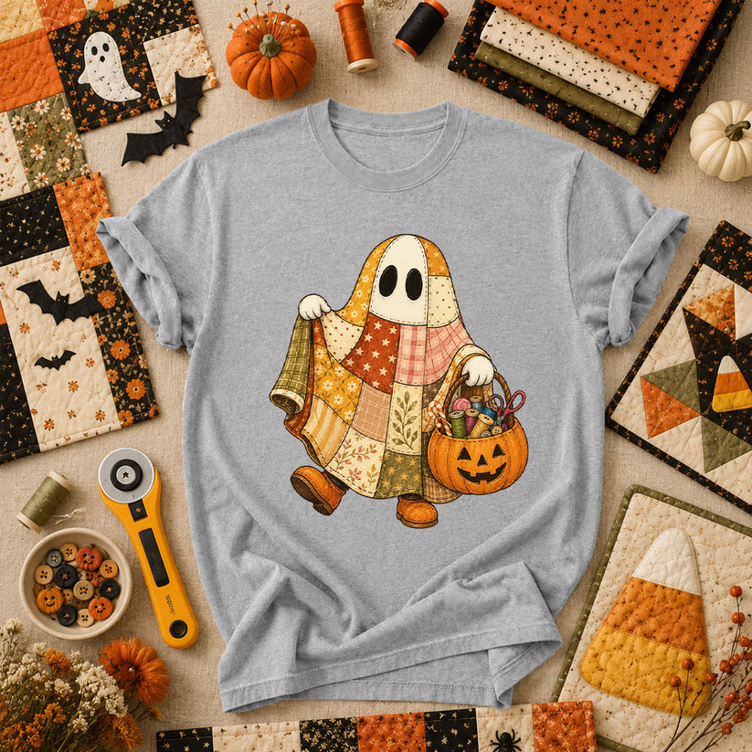 Patchwork Ghost With Pumpkin Sewing Basket T-Shirt - Athletic Heather