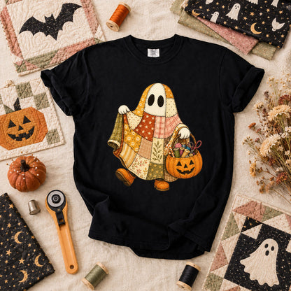 Patchwork Ghost With Pumpkin Sewing Basket T-Shirt - Black