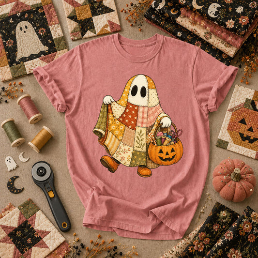Patchwork Ghost With Pumpkin Sewing Basket T-Shirt - Heather Mauve