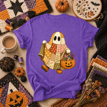 Patchwork Ghost With Pumpkin Sewing Basket T-Shirt - Heather Team Purple