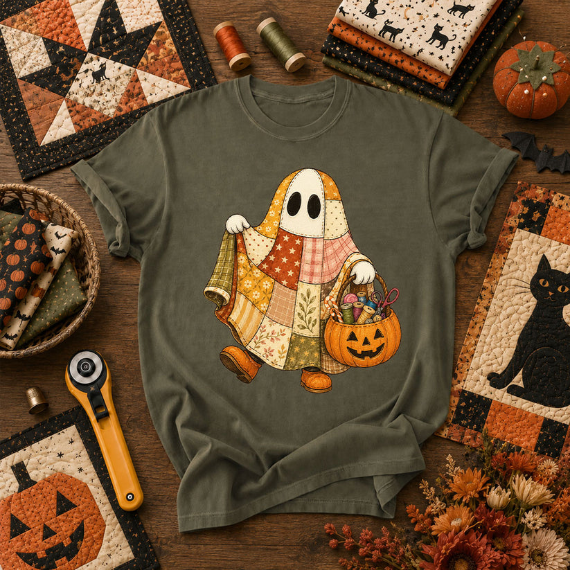 Patchwork Ghost With Pumpkin Sewing Basket T-Shirt - Military Green