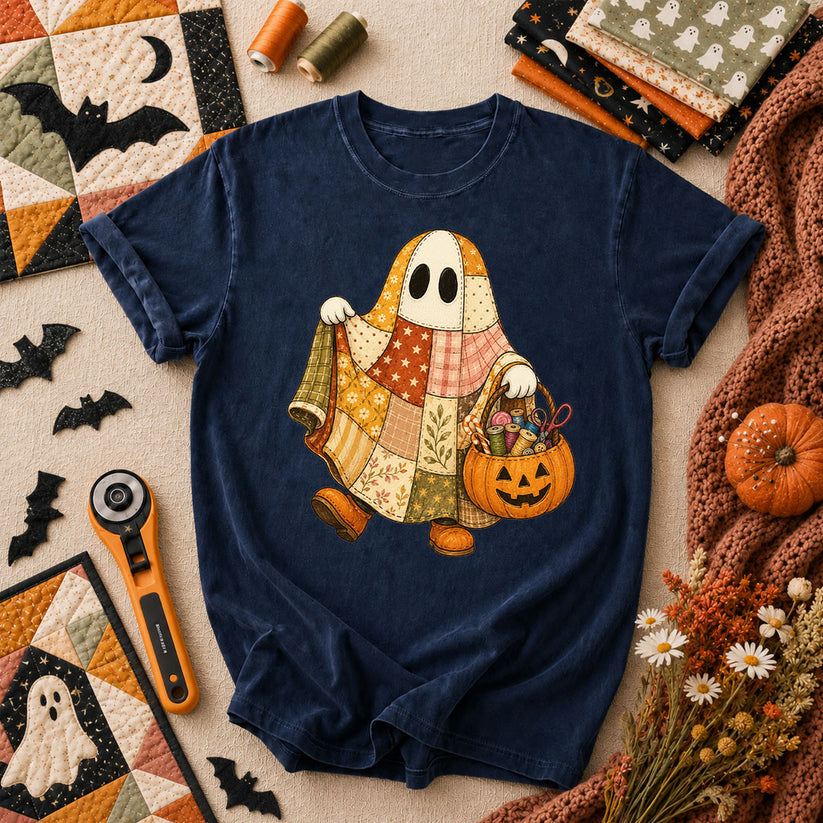 Patchwork Ghost With Pumpkin Sewing Basket T-Shirt - Navy