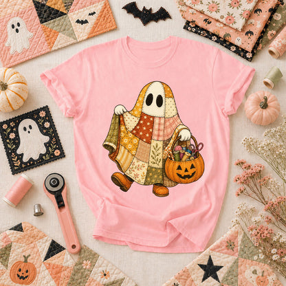 Patchwork Ghost With Pumpkin Sewing Basket T-Shirt - Pink