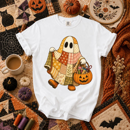 Patchwork Ghost With Pumpkin Sewing Basket T-Shirt - White