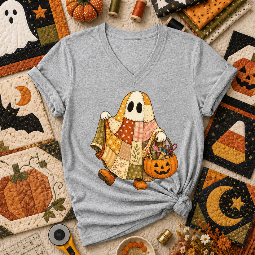 Patchwork Ghost With Pumpkin Sewing Basket Women's V-Neck - Athletic Heather