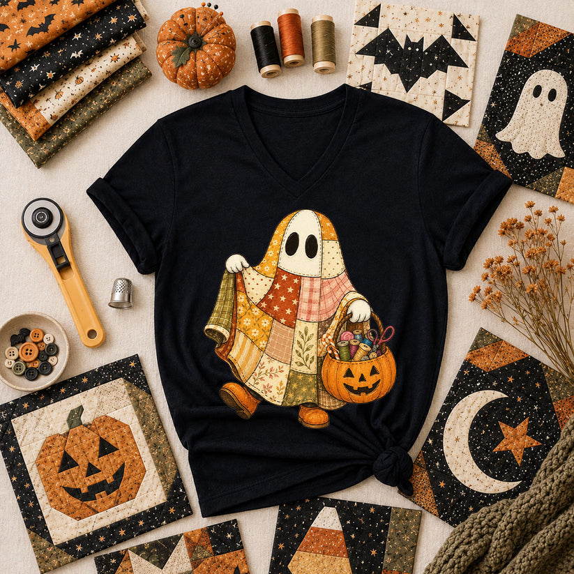 Patchwork Ghost With Pumpkin Sewing Basket Women's V-Neck - Black