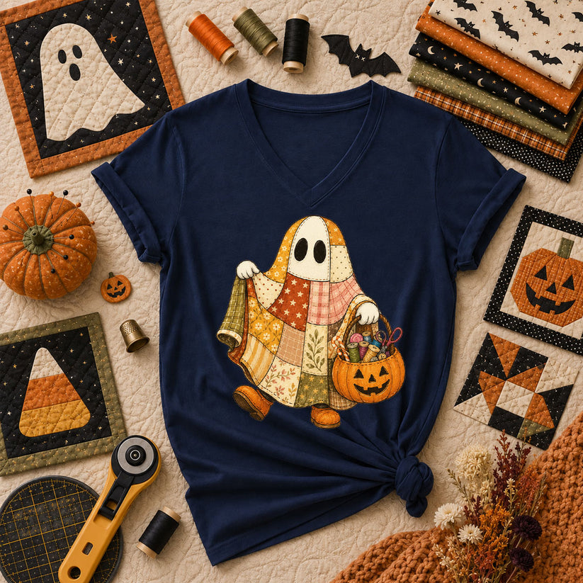 Patchwork Ghost With Pumpkin Sewing Basket Women's V-Neck - Navy