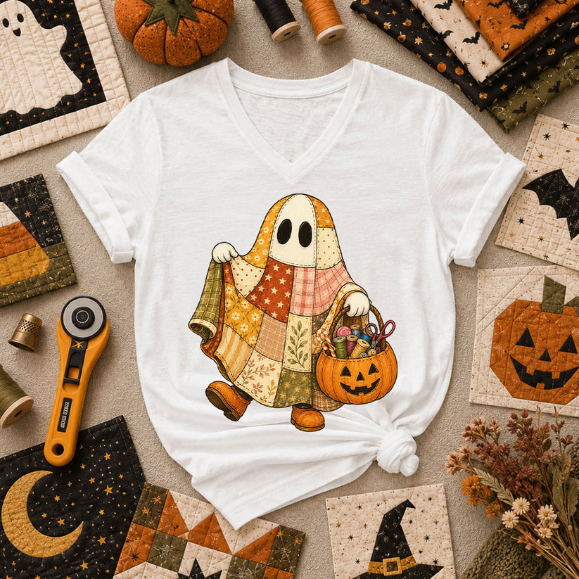 Patchwork Ghost With Pumpkin Sewing Basket Women's V-Neck - White