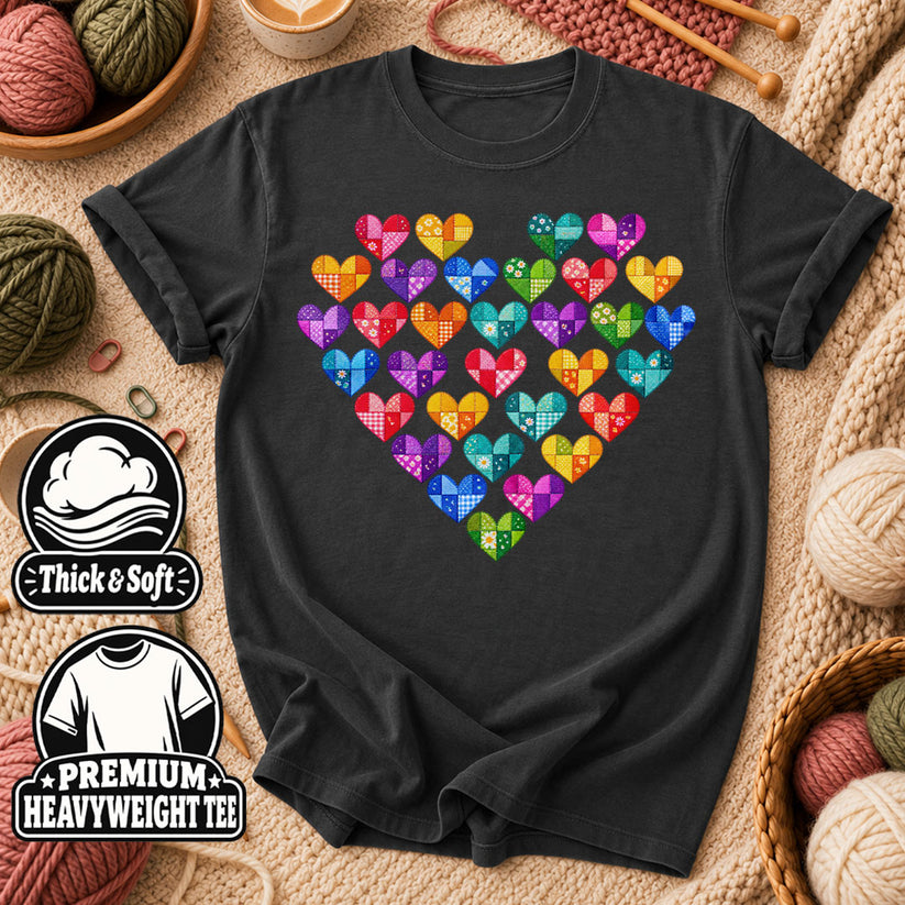Patchwork Hearts Heart Shape T-Shirt - Dark Heather Grey