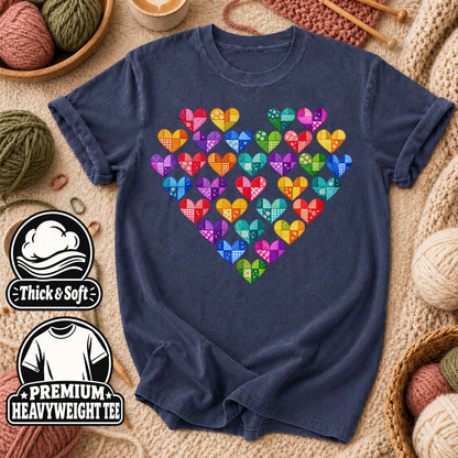 Patchwork Hearts Heart Shape T-Shirt - Heather Navy