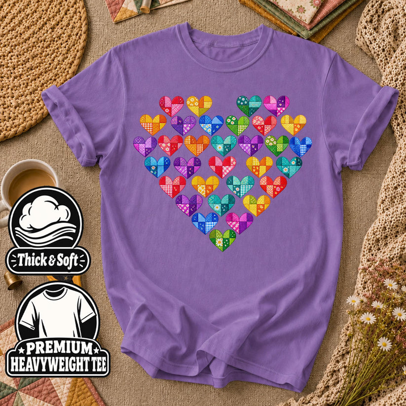 Patchwork Hearts Heart Shape T-Shirt - Heather Team Purple