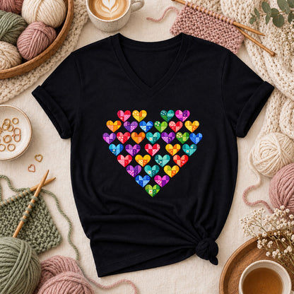 Patchwork Hearts Heart Shape Women's V-Neck - Black