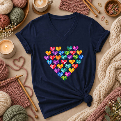 Patchwork Hearts Heart Shape Women's V-Neck - Navy